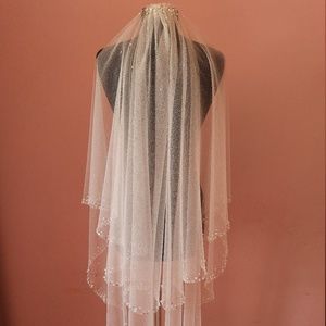 Two tiers glitter veil with pearls, rhinestones, crystals sequins edging